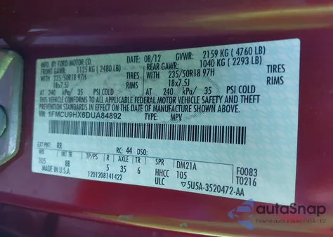 2013 Ford Escape Sel from USA, damaged, VIN 1FMCU9HX6DUA84892